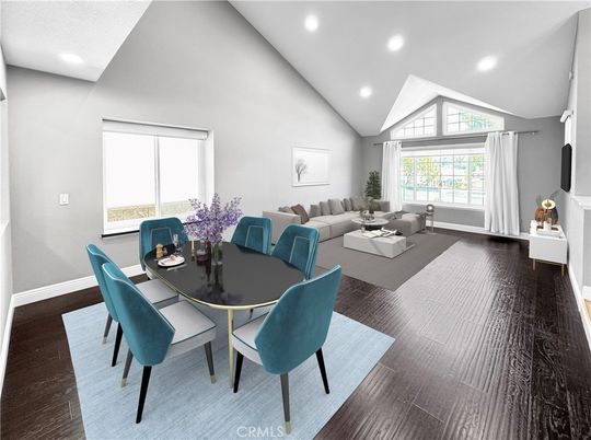 Dining room, Interior, Living room, Recessed Lighting, Wood Texture Flooring