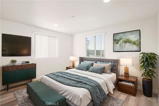 Bedroom, Interior, Recessed Lighting, Wood Texture Flooring
