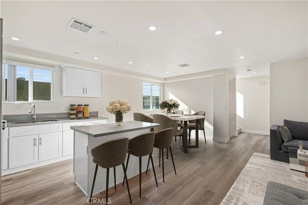 Dining room, Interior, Kitchen, Recessed Lighting, Wood Texture Flooring
