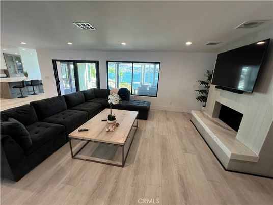 Fireplace, Interior, Living room, Recessed Lighting, Wood Texture Flooring