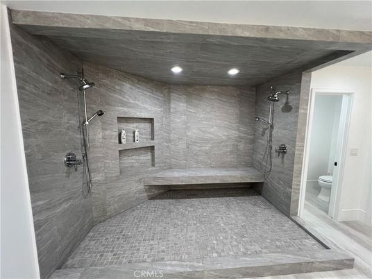 Bathroom, Glass Shower, Interior, Marble Walls, Recessed Lighting