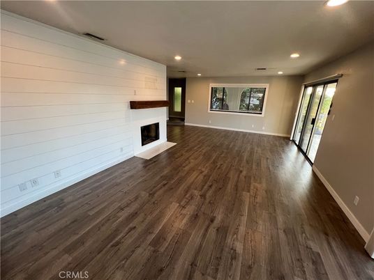 Empty room, Fireplace, Interior, Recessed Lighting, Wood Texture Flooring
