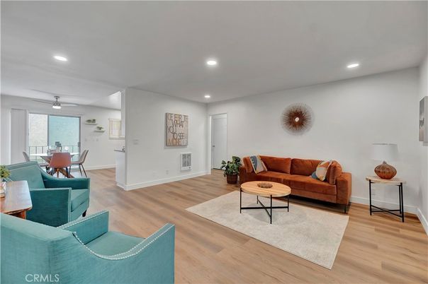 Dining room, Interior, Living room, Recessed Lighting, Wood Texture Flooring
