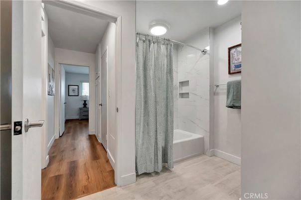 Bathroom, Interior, Marble Walls, Recessed Lighting, Wood Texture Flooring