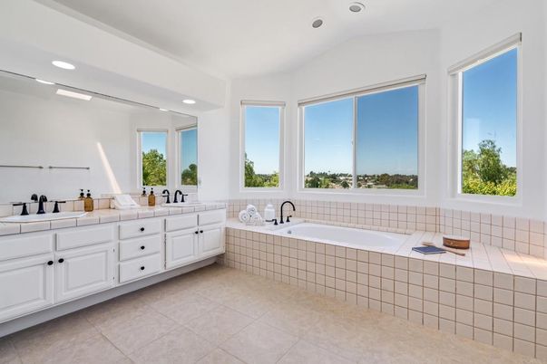 Bathroom, Dual Sink Vanities, Interior, Recessed Lighting, Tile Countertops