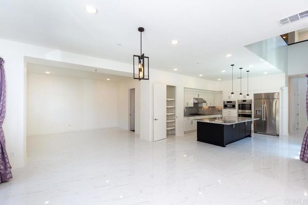 Interior, Kitchen, Marble, Pendant Lights, Recessed Lighting, Stainless Steel Appliances