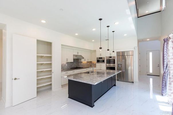 Interior, Kitchen, Marble, Pendant Lights, Recessed Lighting, Stainless Steel Appliances
