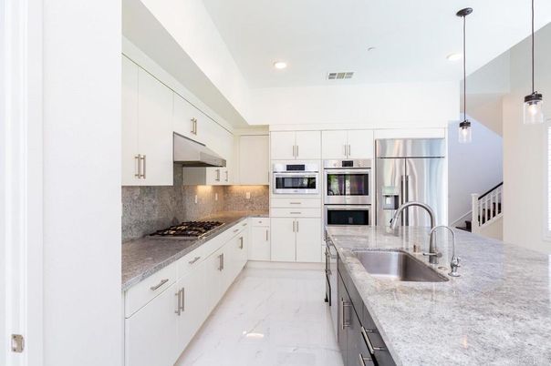 Interior, Kitchen, Marble, Pendant Lights, Recessed Lighting, Stainless Steel Appliances