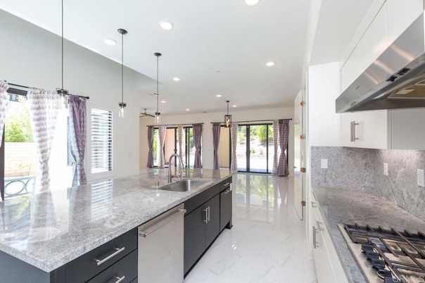 Interior, Kitchen, Marble, Pendant Lights, Recessed Lighting, Stainless Steel Appliances