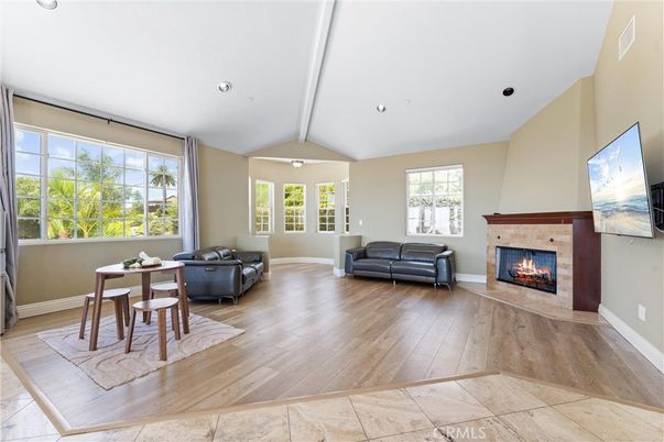 Fireplace, Interior, Living room, Recessed Lighting, Wood Texture Flooring