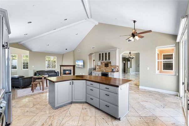 Fireplace, Interior, Kitchen, Living room, Recessed Lighting
