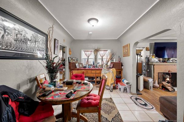 Dining room, Fireplace, Interior, Wood Texture Flooring