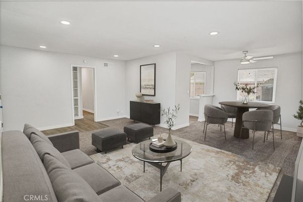 Dining room, Interior, Living room, Recessed Lighting, Wood Texture Flooring