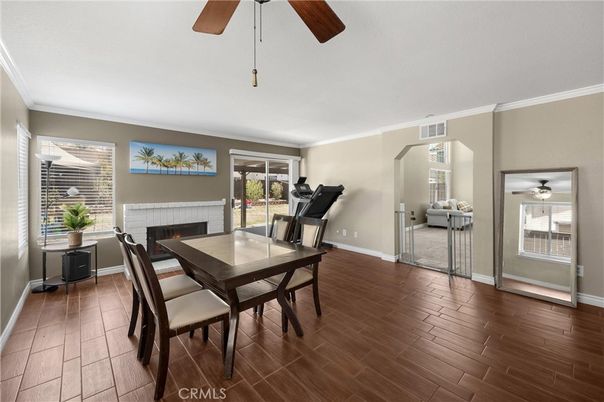 Dining room, Fireplace, Interior, Wood Texture Flooring