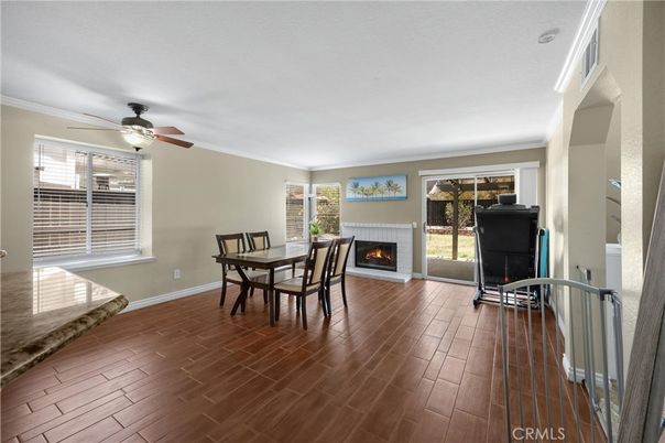 Dining room, Fireplace, Interior, Wood Texture Flooring