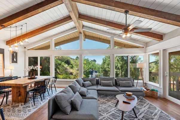 Dining room, Interior, Living room, Pendant Lights, Wooden Beams, Wood Texture Flooring