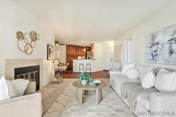 Fireplace, Interior, Kitchen, Living room, Pendant Lights, Wood Texture Flooring