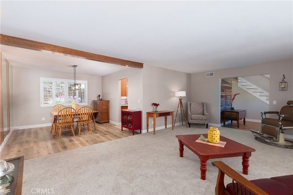 Dining room, Interior, Living room, Pendant Lights, Wooden Beams, Wood Texture Flooring
