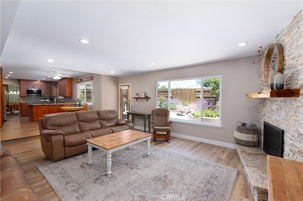 Fireplace, Interior, Kitchen, Living room, Recessed Lighting, Stone Walls, Wood Texture Flooring