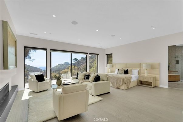 Bedroom, Fireplace, Interior, Living room, Recessed Lighting, Wood Texture Flooring