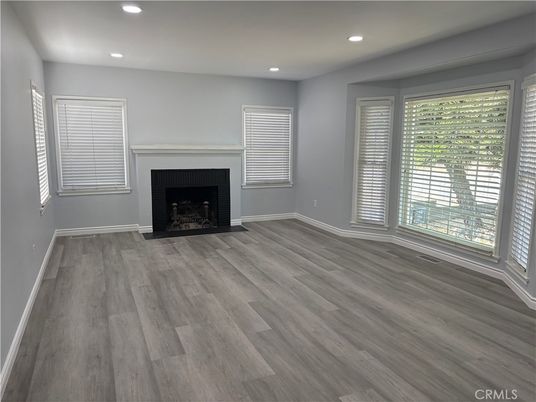 Empty room, Fireplace, Interior, Recessed Lighting, Wood Texture Flooring