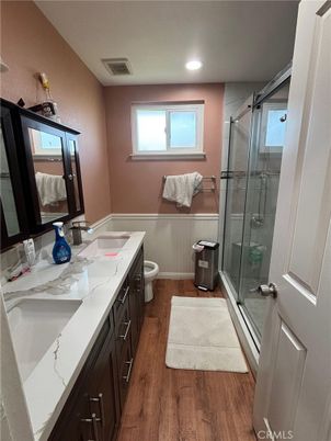 Bathroom, Glass Shower, Interior, Recessed Lighting, Wood Texture Flooring