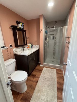 Bathroom, Glass Shower, Interior, Recessed Lighting, Wood Texture Flooring