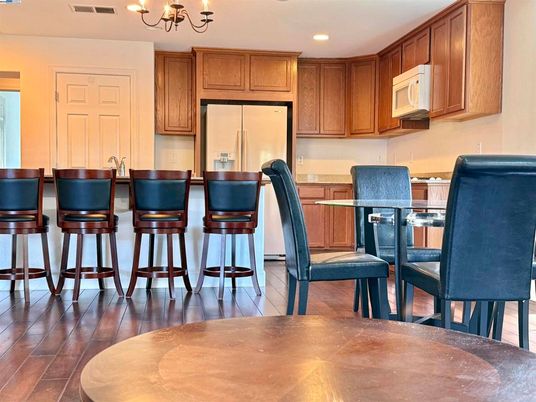 Chandelier, Dining room, Interior, Kitchen, Recessed Lighting, Wood Texture Flooring