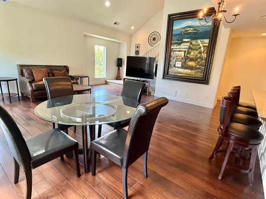 Chandelier, Dining room, Interior, Recessed Lighting, Wood Texture Flooring