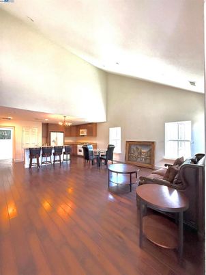 Chandelier, Dining room, Interior, Kitchen, Living room, Recessed Lighting, Wood Texture Flooring