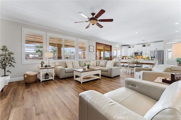 Dining room, Interior, Kitchen, Living room, Recessed Lighting, Stainless Steel Appliances, Wood Texture Flooring