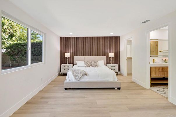 Bedroom, Interior, Recessed Lighting, Wood Texture Flooring