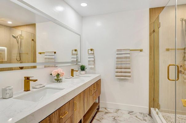 Bathroom, Dual Sink Vanities, Glass Shower, Interior, Marble, Recessed Lighting