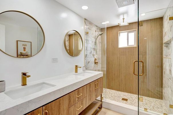 Bathroom, Dual Sink Vanities, Glass Shower, Interior, Recessed Lighting