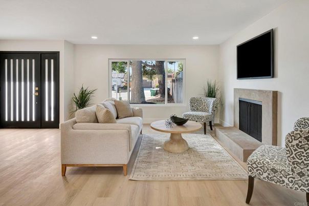 Fireplace, Interior, Living room, Recessed Lighting, Wood Texture Flooring