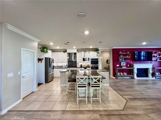Fireplace, Interior, Kitchen, Pendant Lights, Recessed Lighting, Stainless Steel Appliances
