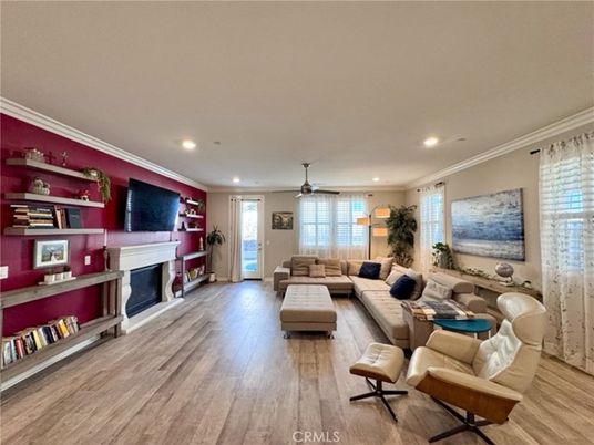 Fireplace, Interior, Living room, Recessed Lighting, Wood Texture Flooring