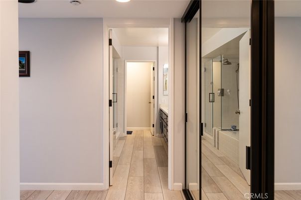 Bathroom, Glass Shower, Interior, Recessed Lighting, Wood Texture Flooring