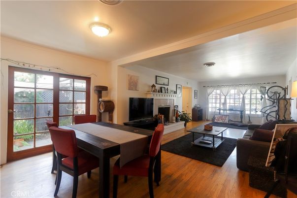 Dining room, Fireplace, Interior, Living room, Wood Texture Flooring