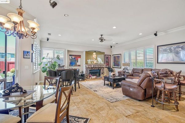 Chandelier, Dining room, Fireplace, Interior, Living room, Recessed Lighting