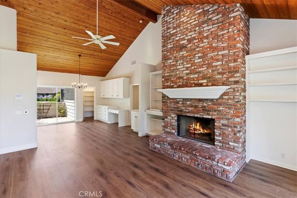 Fireplace, Interior, Pendant Lights, Stone Walls, Wooden Beams, Wooden Ceilings, Wood Texture Flooring