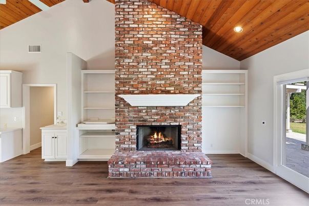 Fireplace, Interior, Recessed Lighting, Wooden Ceilings, Wood Texture Flooring