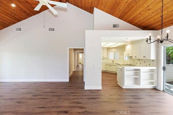 Empty room, Interior, Kitchen, Pendant Lights, Recessed Lighting, Wooden Ceilings, Wood Texture Flooring