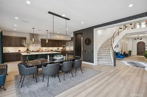 Dining room, Interior, Kitchen, Pendant Lights, Recessed Lighting, Stainless Steel Appliances, Wood Texture Flooring