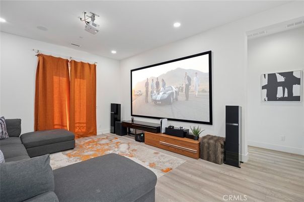 Interior, Projection Screen, Recessed Lighting, Theatre Room, Wood Texture Flooring