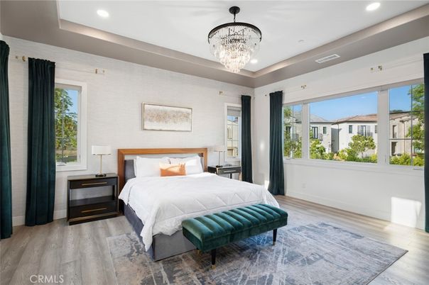 Bedroom, Chandelier, Interior, Recessed Lighting, Wood Texture Flooring