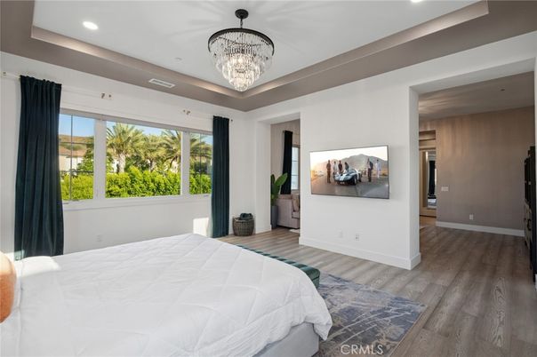 Bedroom, Chandelier, Interior, Recessed Lighting, Wood Texture Flooring