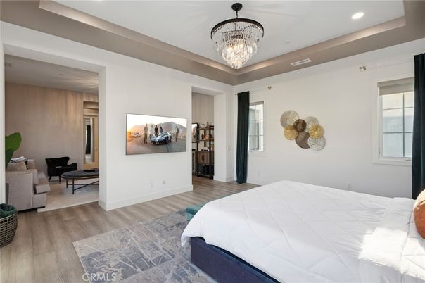 Bedroom, Chandelier, Interior, Recessed Lighting, Wood Texture Flooring