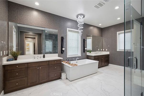 Bathroom, Chandelier, Dual Sink Vanities, Free Standing Baths, Glass Shower, Interior, Marble, Recessed Lighting