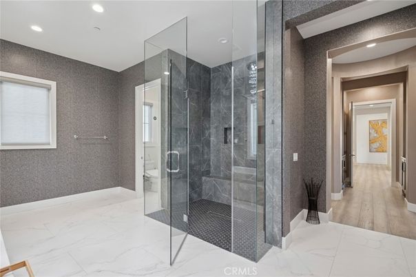 Bathroom, Glass Shower, Interior, Marble, Recessed Lighting, Wood Texture Flooring